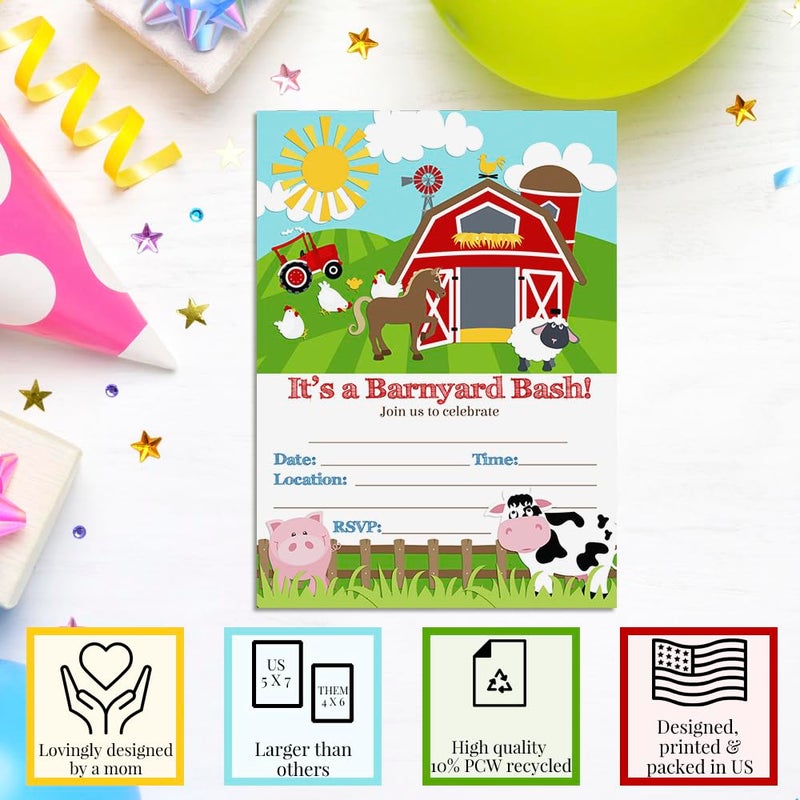 Amanda Creation Barnyard Bash Farm and Barn Themed Birthday Party Invitations, 20 5x7 Fill In Cards with Twenty White Envelopes by AmandaCreation - Image 3
